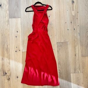 Red Dress with Cowl Neck Satin Criss Cross Back